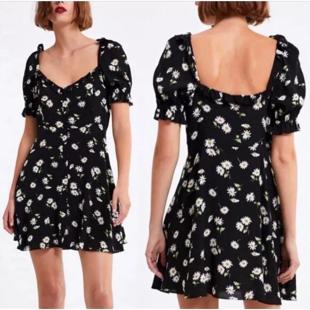 ZARA Black Daisy Floral Puff Sleeve Mini Dress S Ruffle Whimsigoth Cottagecore
